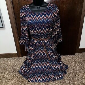 LAST CALL Beautees Girls Chevron Bell Sleeve Dress With Tan Belt Juniors Size 16
